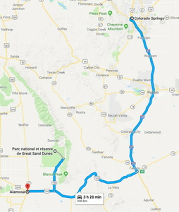 Itinéraire du 27 mai 2018 de Colorado Springs aux Great Sand Dunes  et à Alamosa