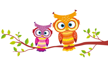 two funny owls sitting on a branch